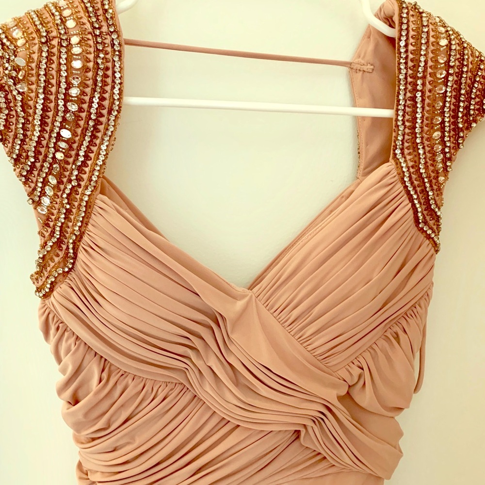 Blush gown with detailed cap sleeves